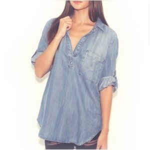 CLOTH & STONE Chambray Tencel Roll Tab Sleeve Tunic V Neck Pullover Top …